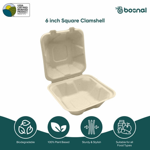 Bosnal - Sugarcane Bagasse Compostable Clamshell Boxes, 6 inch, Square