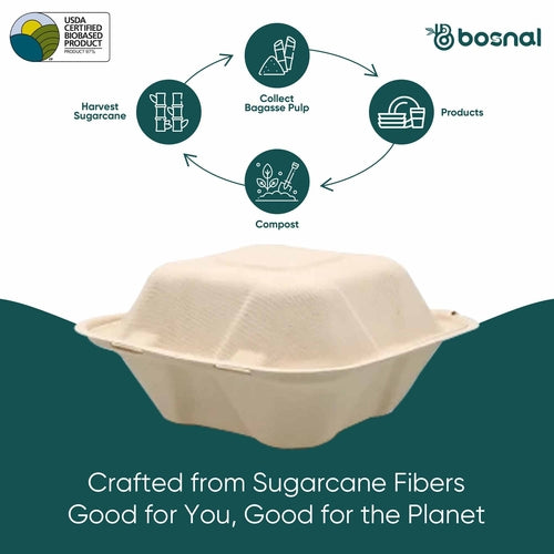 Bosnal - Sugarcane Bagasse Compostable Clamshell Boxes, 6 inch, Square