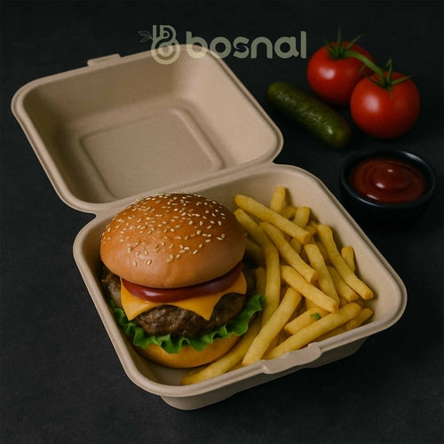 Bosnal - Sugarcane Bagasse Compostable Clamshell Boxes, 6 inch, Square