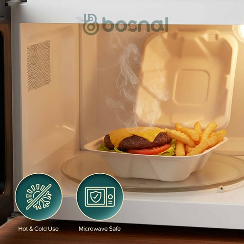 Bosnal - Sugarcane Bagasse Compostable Clamshell Boxes, 6 inch, Square