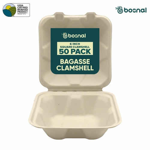 Bosnal - Sugarcane Bagasse Compostable Clamshell Boxes, 6 inch, Square